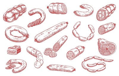 香肠和肉制品矢量素描集