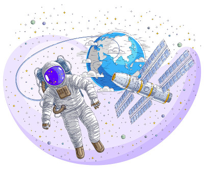 宇航员进入开放空间，在背景中与空间站和地球行星相连，宇航员漂浮在失重状态下和国际空间站、恒星和其他元
