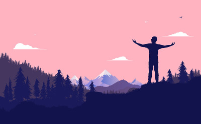 享受自然——人们在山上举起手臂，呼吸新鲜空气，欣赏美丽的风景