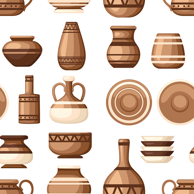 Seamless pattern. Set of clay crockery with patter