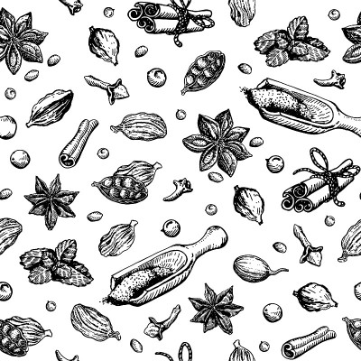 无缝厨房背景与香料，矢量插图在复古风格