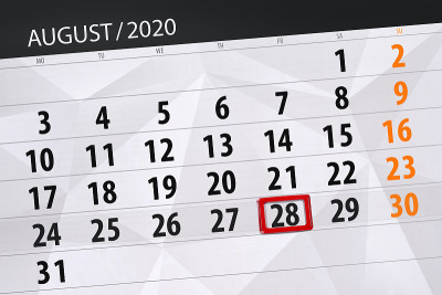 2020年8月的日历，截止日期，28日，周五