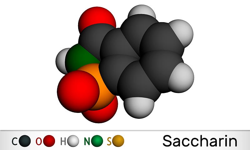 糖精的分子。它是人工甜味剂、甜味剂、外来生物和环境污染物。分子模型。三维渲染