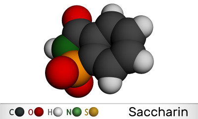 糖精的分子。它是人工甜味剂、甜味剂、外来生物和环境污染物。分子模型。三维渲染