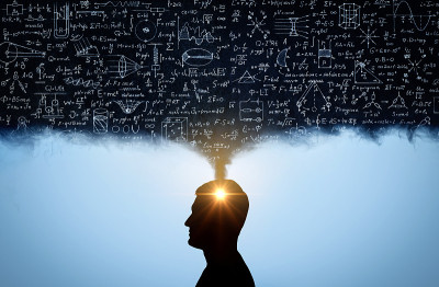 一个人的剪影，与思想的形式在物理数学公式。