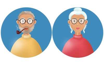 老年夫妇彩色插图。祖母和祖父。祖父母在一起。