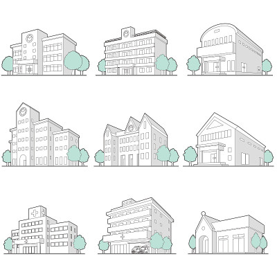 各种建筑物的矢量插图。画线。