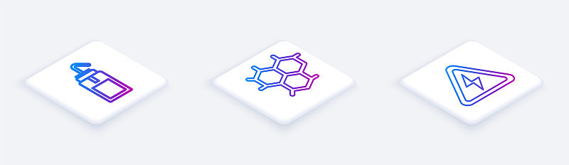 设置等距线实验室洗瓶，化学配方和高压标志。白色正方形按钮。向量