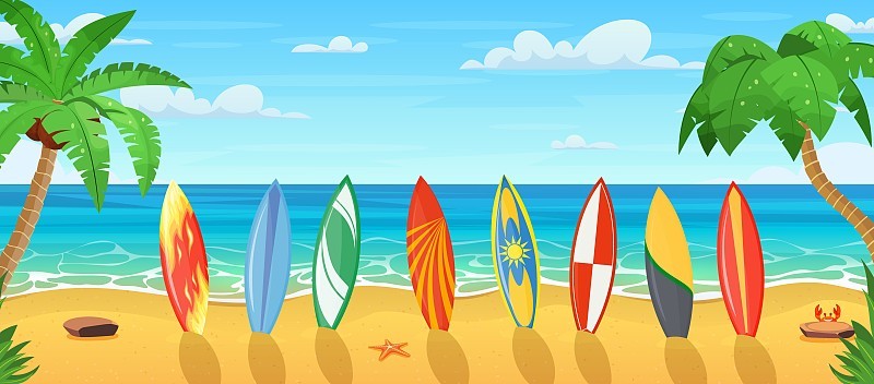海滩上的夏日时光。棕榈树和周围的植物