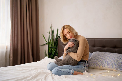 年轻的女人和猫在房间的床上