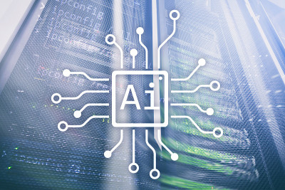 AI，人工智能，自动化和现代信息技术概念上的虚拟屏幕。
