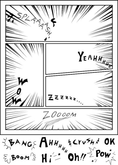 连环画框架、面板布局和英语音效“哇”、“砰”、“耶”等