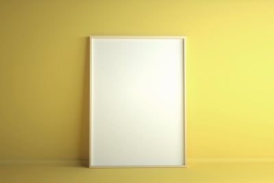 黄色背景上的空白白色框架。模型与复制空间。三维渲染