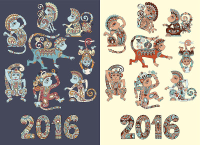 一套不同颜色的装饰猴——中国象征2016