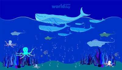 世界海洋日。海洋动物的生活。手绘涂鸦丰富多彩的设计风格。矢量插图eps10