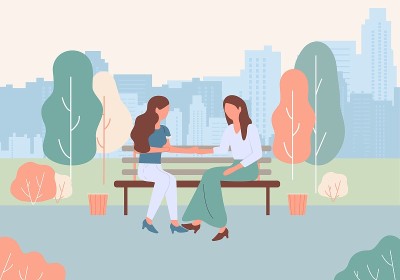 卡通女人坐在城市公园的长椅上
