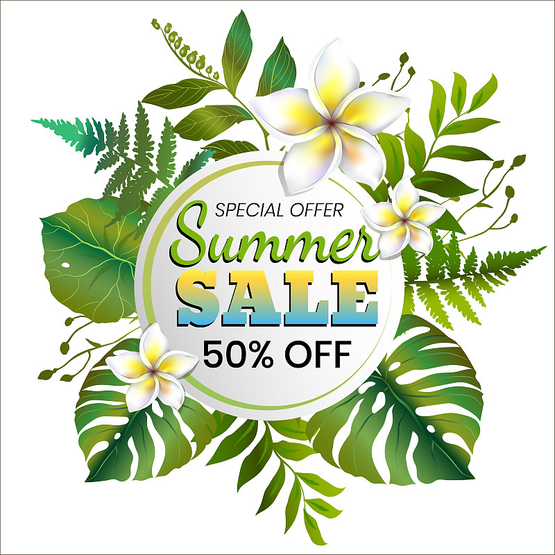 Round floral summer sale banner with exotic leaves