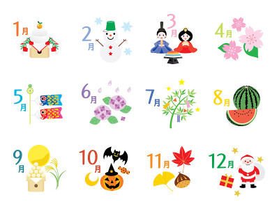 季节插图图标和日本设计信的日历。
