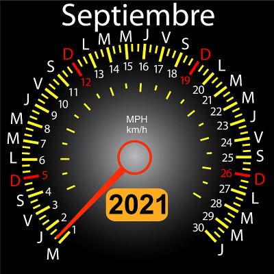 2021 year calendar speedometer car in Spanish Sept