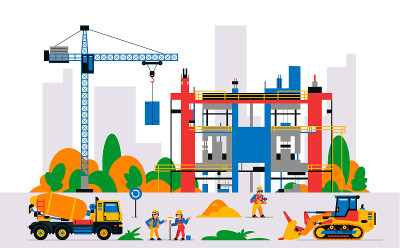 有设备和工人的建筑工地。以城市为背景的在建建筑。未完工的建筑，建筑工，推土机，起重机，混凝土搅拌机。