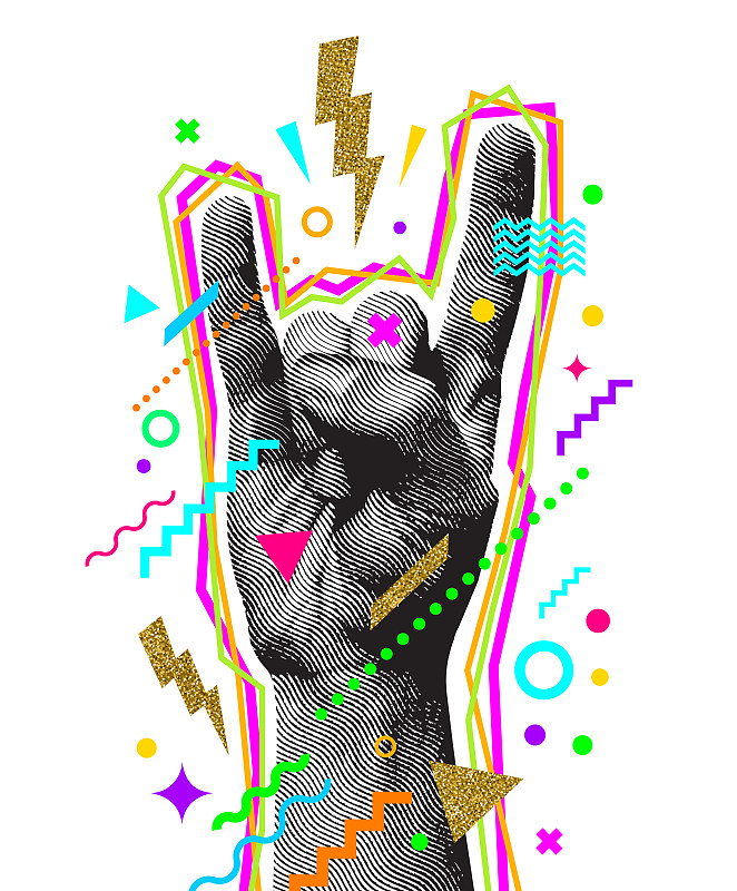 Rock'n'roll or Heavy Metal hand sign. Engraved sty
