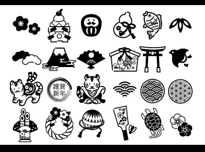 2022年元旦贺卡和幸运符图标矢量插图素材/虎年套装/单色，一种颜色