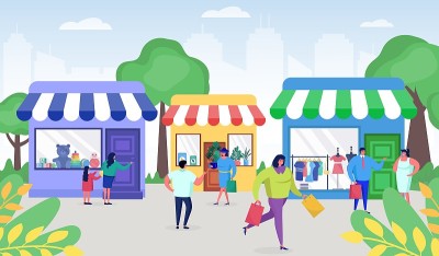 人们带着商店打折的购物袋和礼物在街上购物