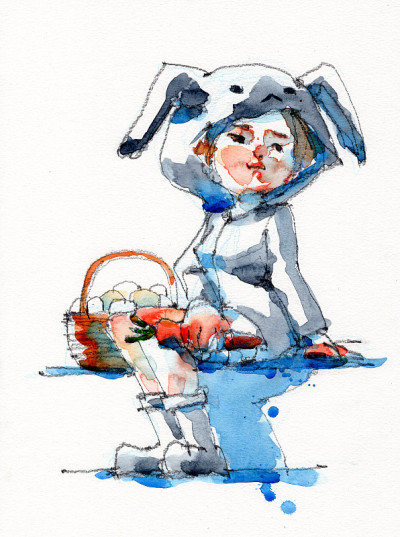 水彩画插图的女孩在兔子帽与篮子鸡蛋，手绘在纸上