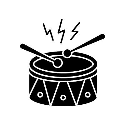 鼓与鼓槌黑色象形图标。乐器。巴西的狂欢节。Samba。节日游行。音乐运动。国定假日。白色空间上的剪影