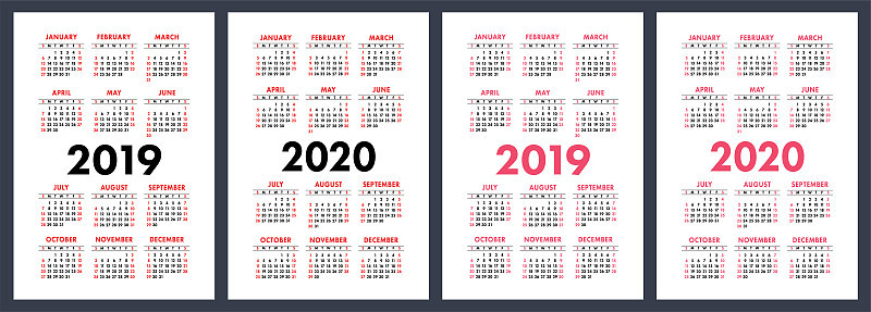 日历2019年，2020年。基本向量集。一周从周日开始。设计模板