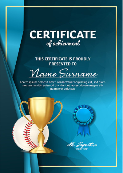 Baseball Game Certificate Diploma With Golden Cup 