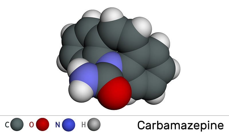 卡马西平CBZ C15H12N2O分子。是一种抗惊厥和镇痛药，用于治疗癫痫和三叉神经痛。分子模型