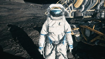 在太空月球基地，一名宇航员站在他的月球车旁边。月球表面和月球殖民地的观点。3 d渲染。