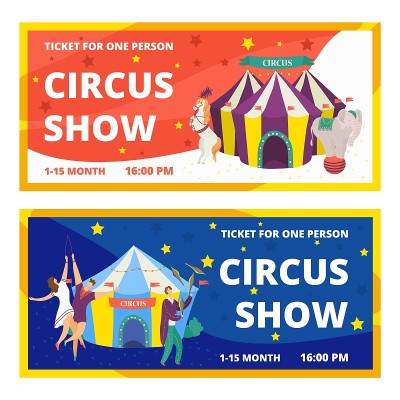 马戏团门票套嘉年华娱乐水平横幅动物表演和表演与杂技演员和魔术师矢量插图。