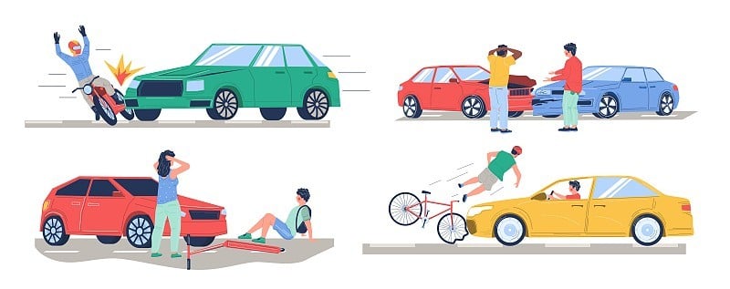 道路交通事故，车祸集，矢量平面孤立插图