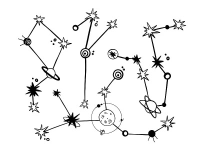 有不同形状的星座的涂鸦。涂鸦行星和卫星。手绘插图。