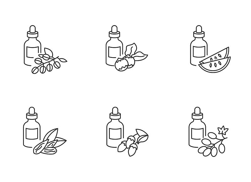 头发油像素完美的线性图标设置。鳄梨美容产品。卡拉哈里甜瓜香精玻璃瓶。可自定义细线轮廓符号。孤立矢量大