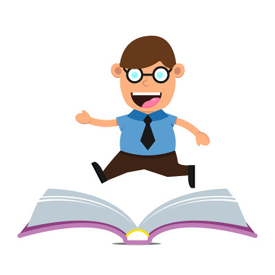 可爱的戴眼镜的卡通小男孩。学生孩子的性格孤立在白色的背景。孩子们在书上奔跑快乐微笑。矢量图