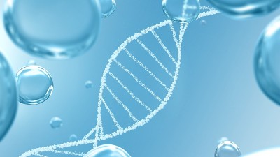 未来美保健细胞产品背景与白色泡泡mRNA螺旋和蓝色液滴