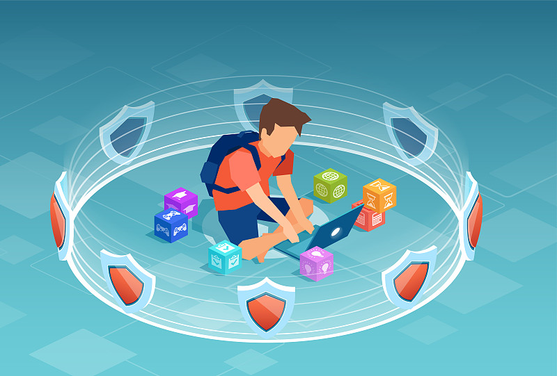 矢量的一个男孩，学生用笔记本电脑包围着3d盾牌，软件保护