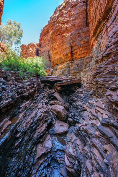 在karijini国家公园的weano峡谷徒步旅行，澳大利亚西部