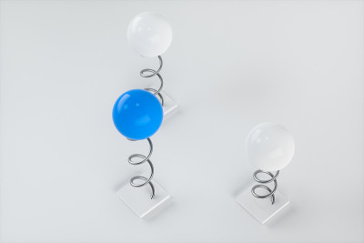 抛光球附在弹簧上，3d渲染。