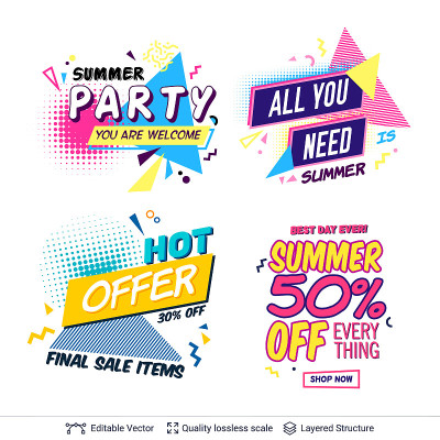 Set of summer party ad backgronds in pop-art style