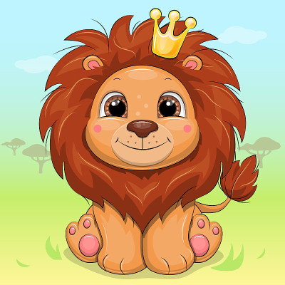 Cute cartoon lion with a crown.