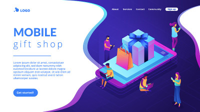 移动商店应用等距3D登陆页面。