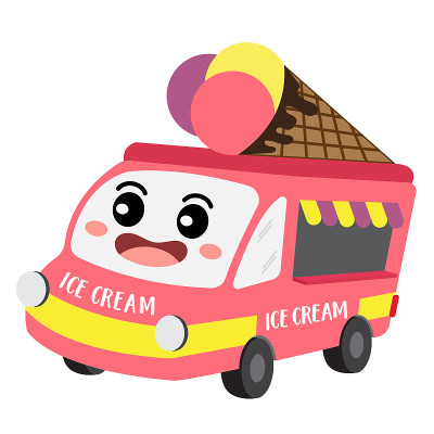 食品卡车运输卡通人物透视视图矢量插图