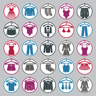 女人衣服矢量图标设置。