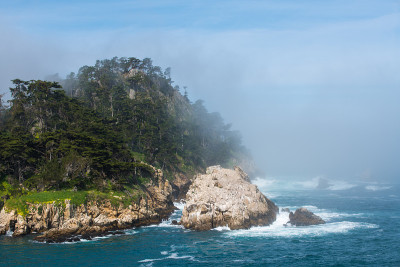 崎岖的，雾蒙蒙的海岸线，悬崖和柏树覆盖的灰狼点的山峰靠近卡梅尔，加利福尼亚