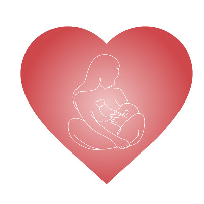矢量图标的妇女母乳喂养她的新生儿手握粉红色的心为标志。母亲和婴儿在一起的线条艺术风格