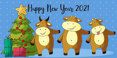 2021新年快乐儿童插画。中国新年牛年2021年